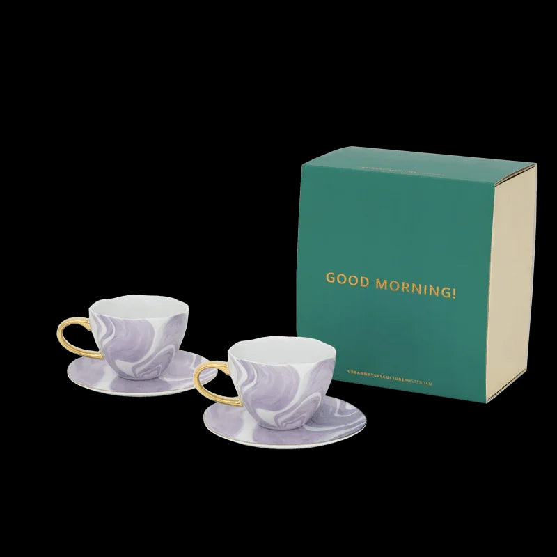 Godmorgen Cappuccino/Te Kop og Tallerken Valuri Violet - Sæt med 4 i gaveæske
