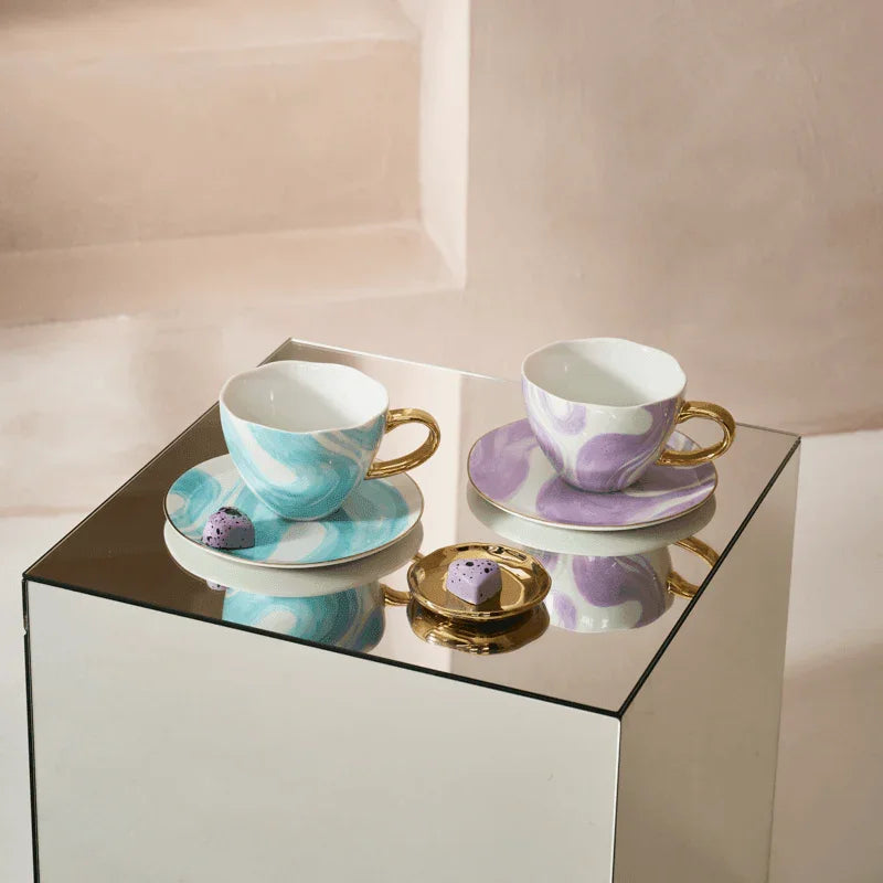 Godmorgen Cappuccino/Te Kop og Tallerken Valuri Violet - Sæt med 4 i gaveæske