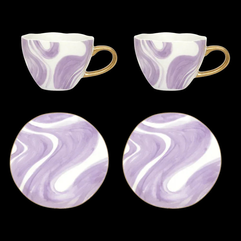 Godmorgen Cappuccino/Te Kop og Tallerken Valuri Violet - Sæt med 4 i gaveæske