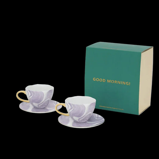 Godmorgen Cappuccino/Te Kop og Tallerken Valuri Violet - Sæt med 4 i gaveæske