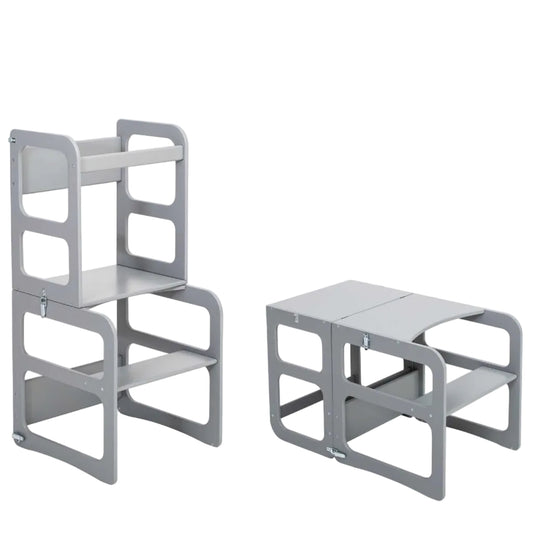 2-i-1 Transformérbart Køkkentårn – Bord- og Stolesæt - Grå - Nordic Unique