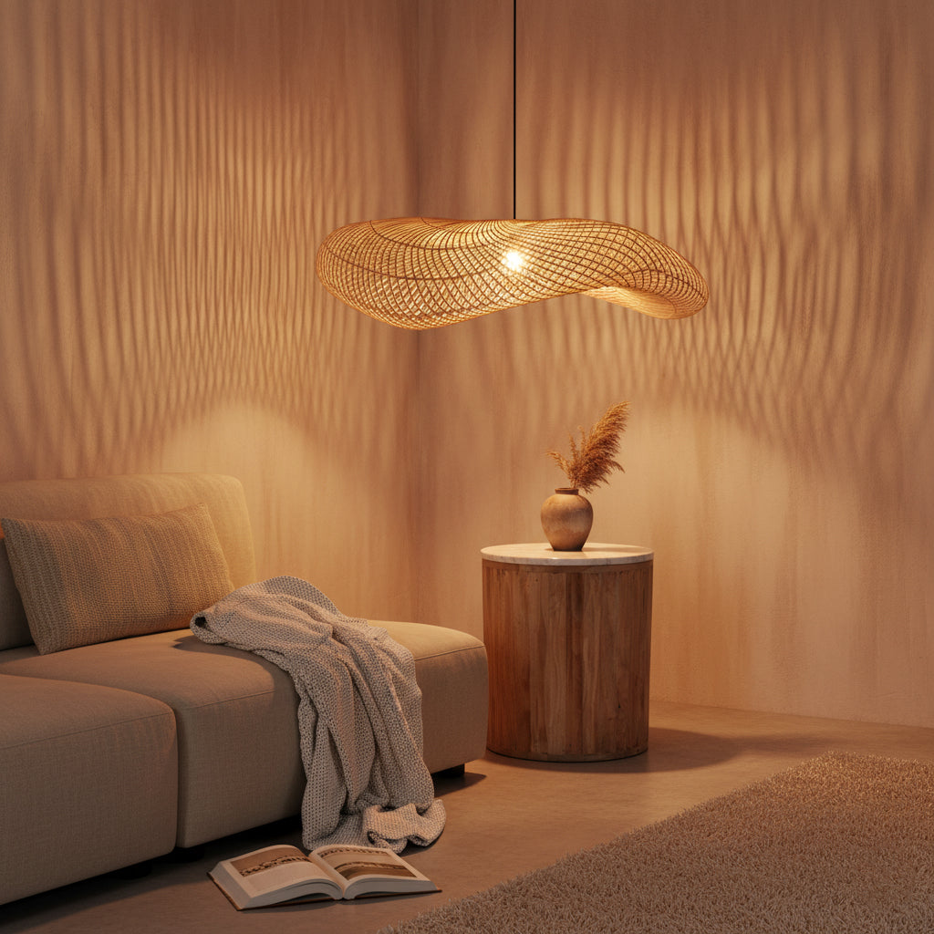Wave rattan hængelampe XL - Ø90x22 cm