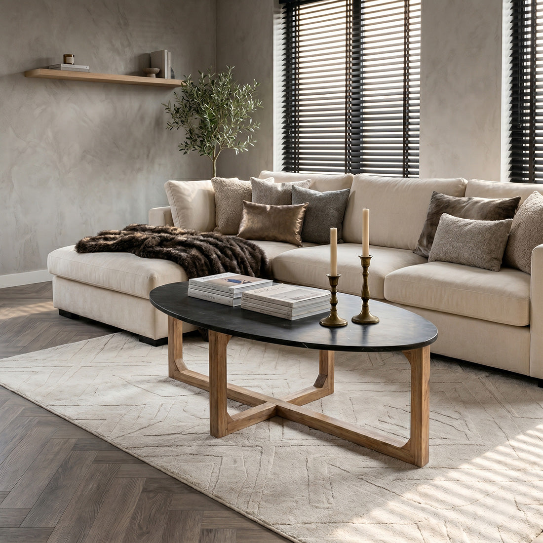 Ovalt sofabord i marmor - Sort - 120 x 60 x 38 cm