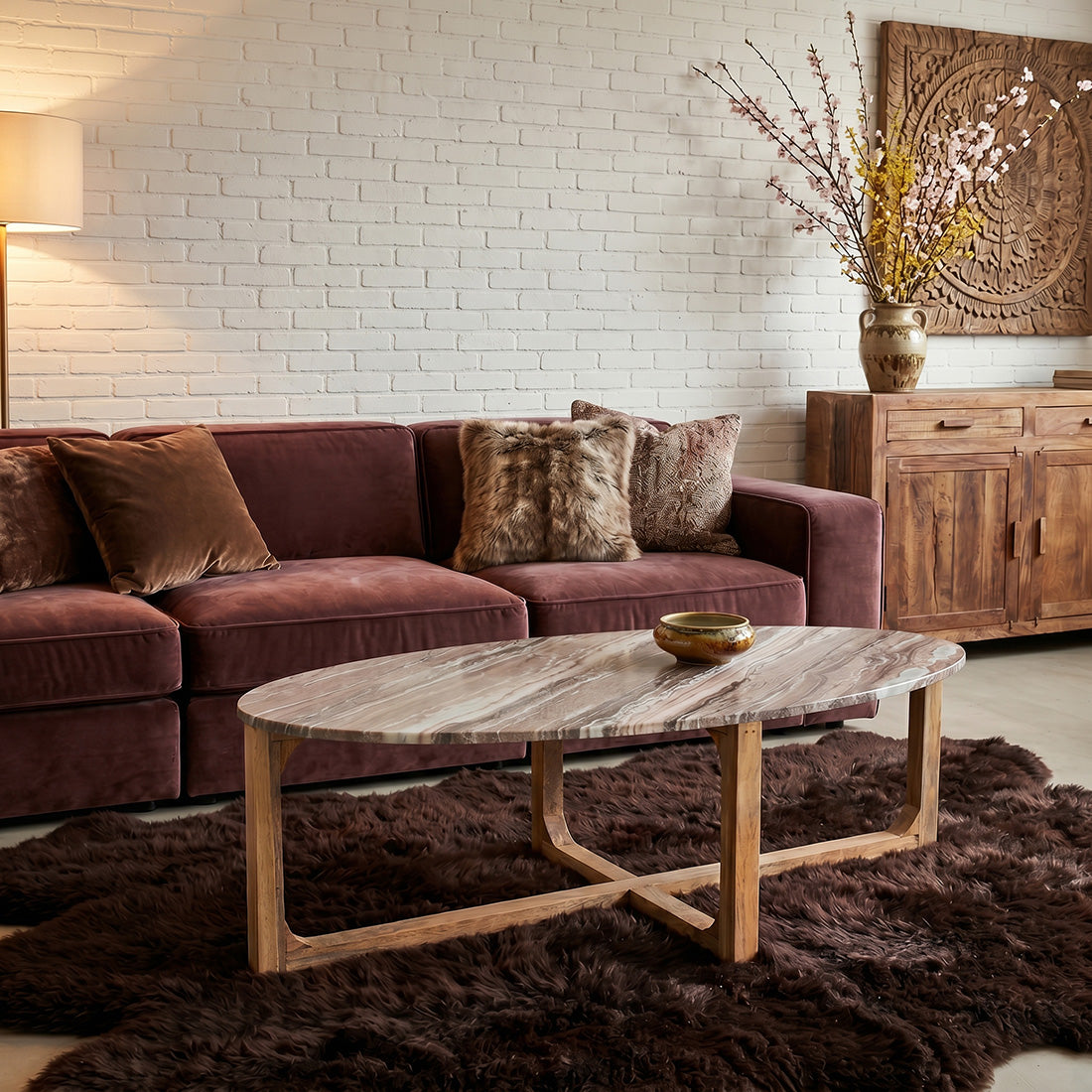 Ovalt sofabord i marmor - Fantasy brun - 120x60x38 cm