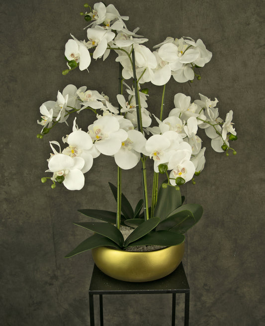 Kunstig orkide 65 cm hvid i guldpotte